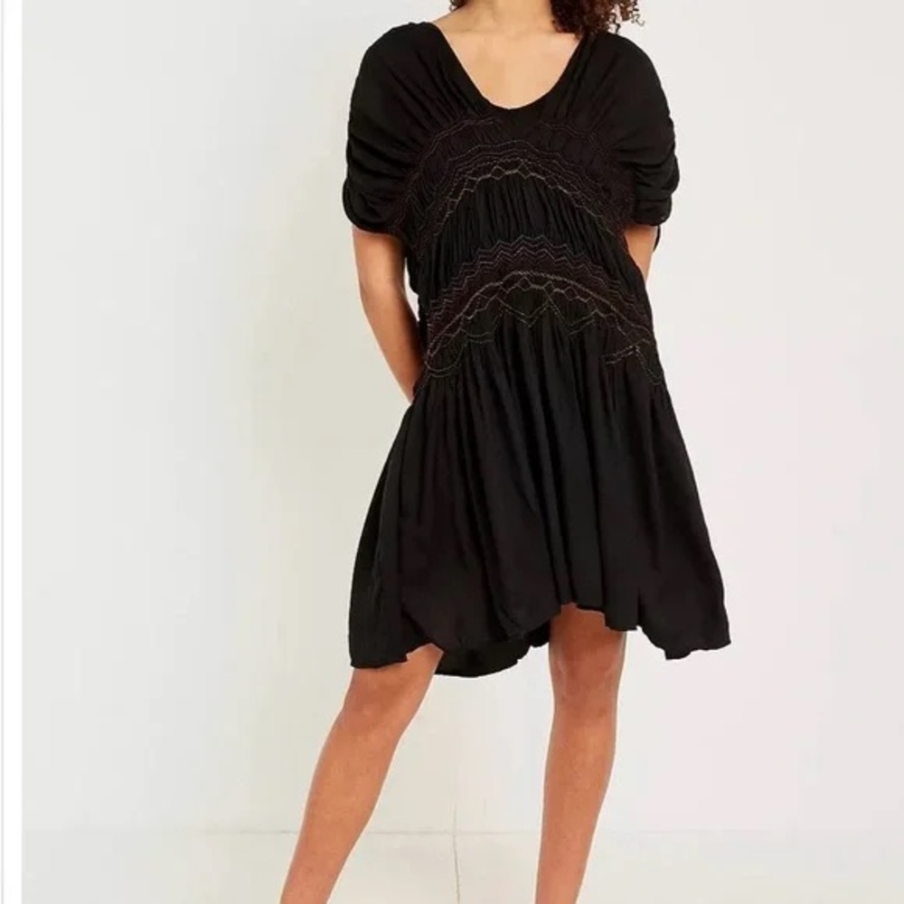 Free People Black Love on the Run Embroidered Smocked Accent Dress